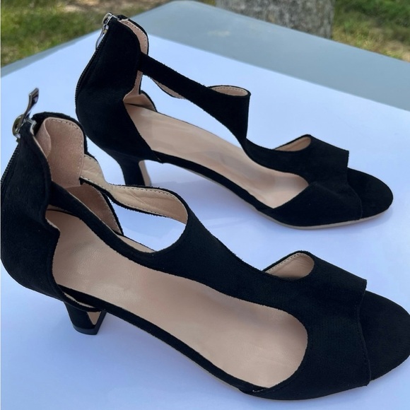 Women's Black Block Heeled Sandals, Fashion Cutout Design Back Zipper Sandals - Picture 3 of 14